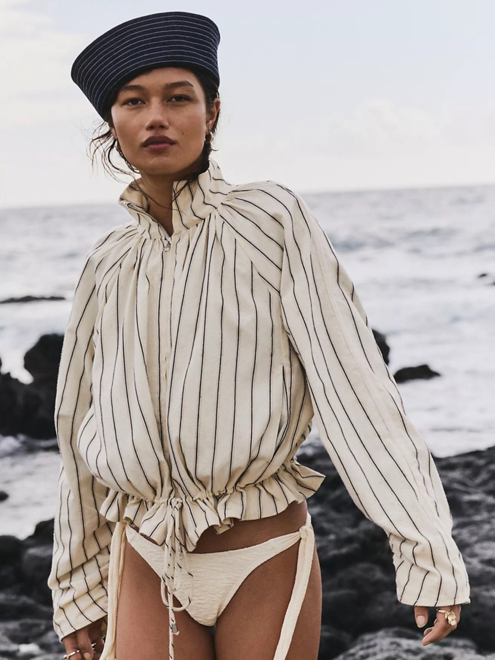Free People Devon Striped Balloon Funnel-Neck Jacket
